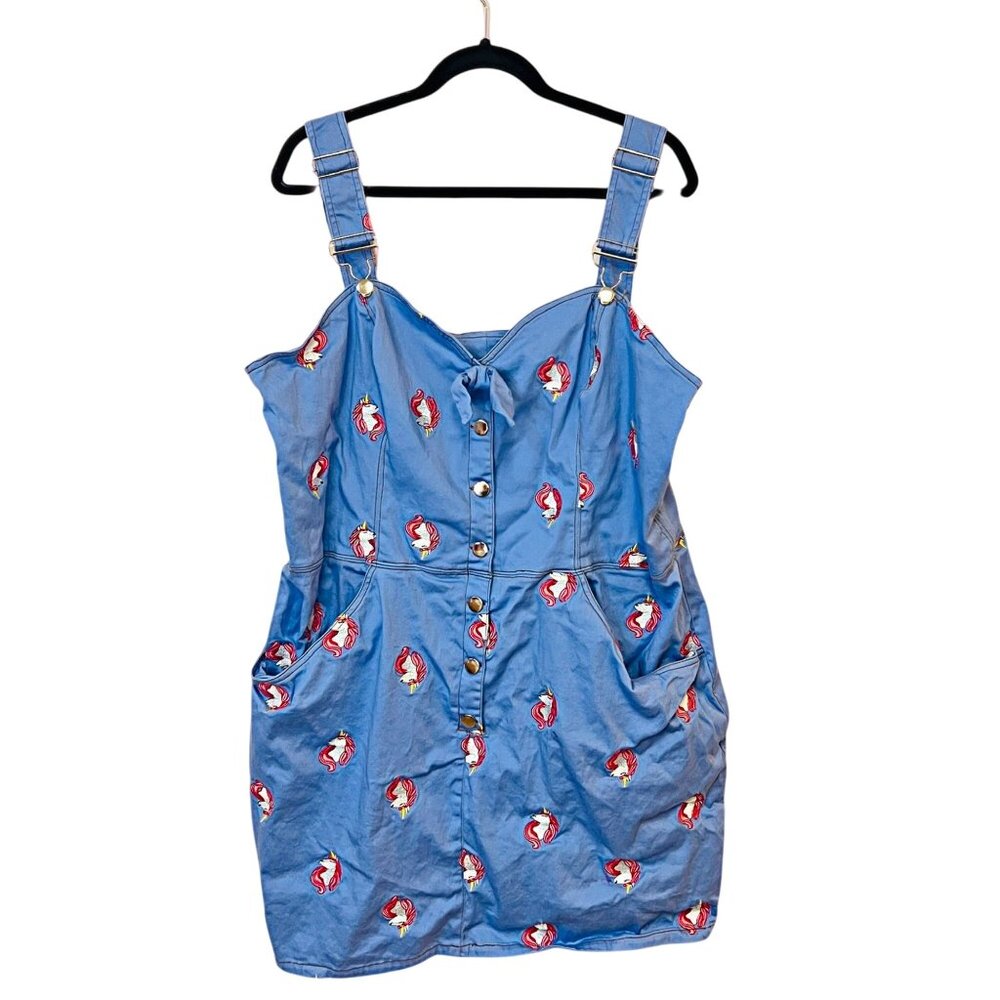 Unique Vintage Periwinkle Denim Mini Dress Embroidered Unicorn Overalls Size 3X - Picture 6 of 11